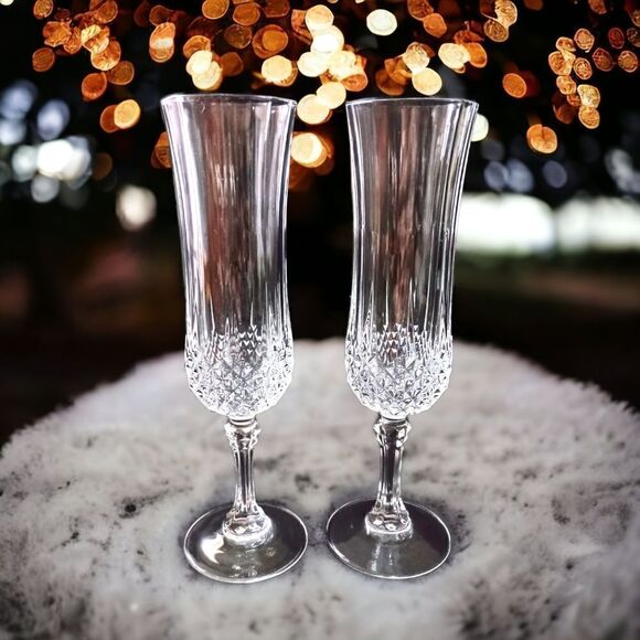 Cristal D Arques Longchamp Champagne Flutes Pair Diamax Crystal Clear France - Picture 6 of 16